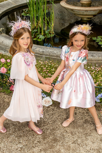 Light pink chiffon pleated dress with hand-embellished flowers