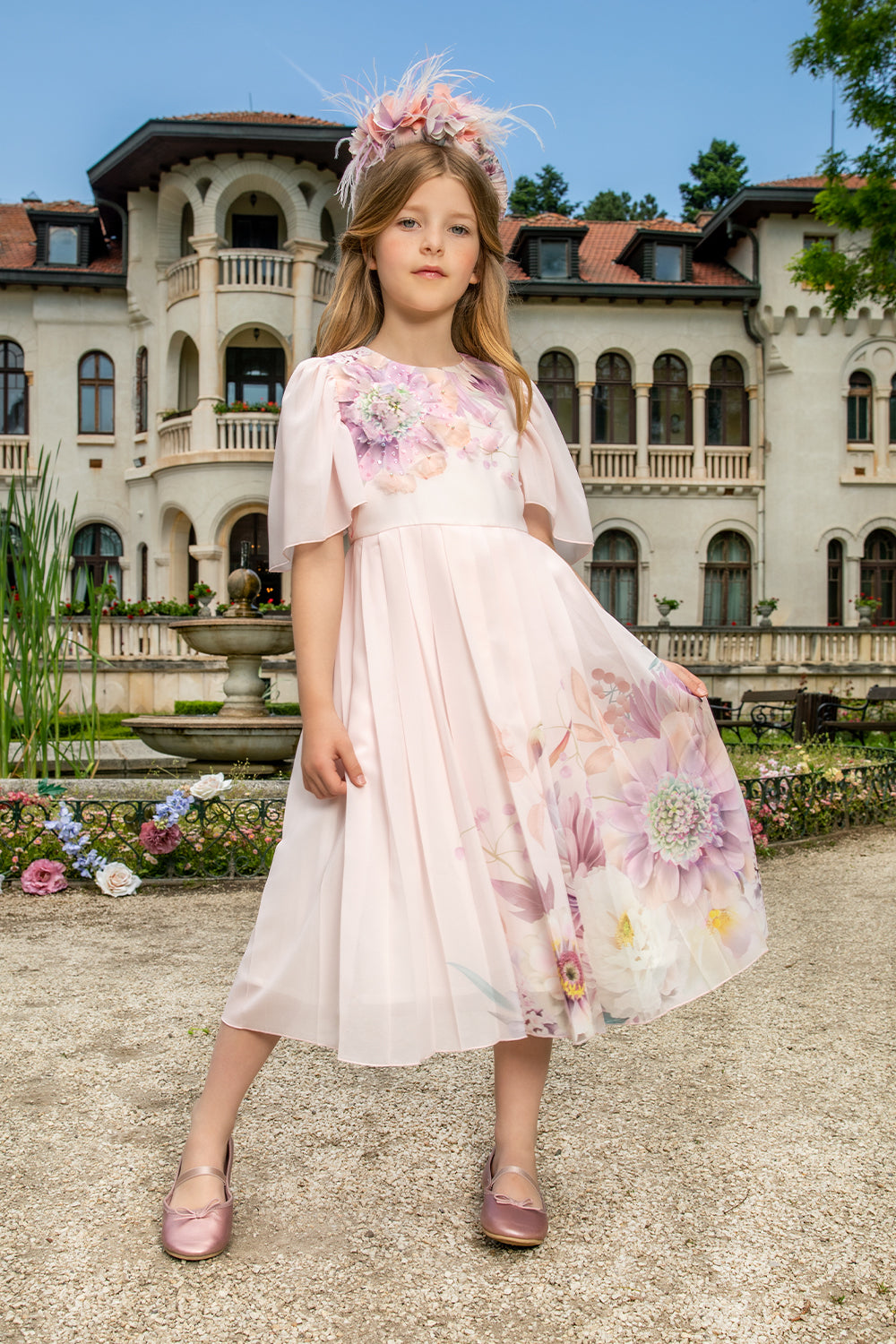 Light pink chiffon pleated dress with hand-embellished flowers