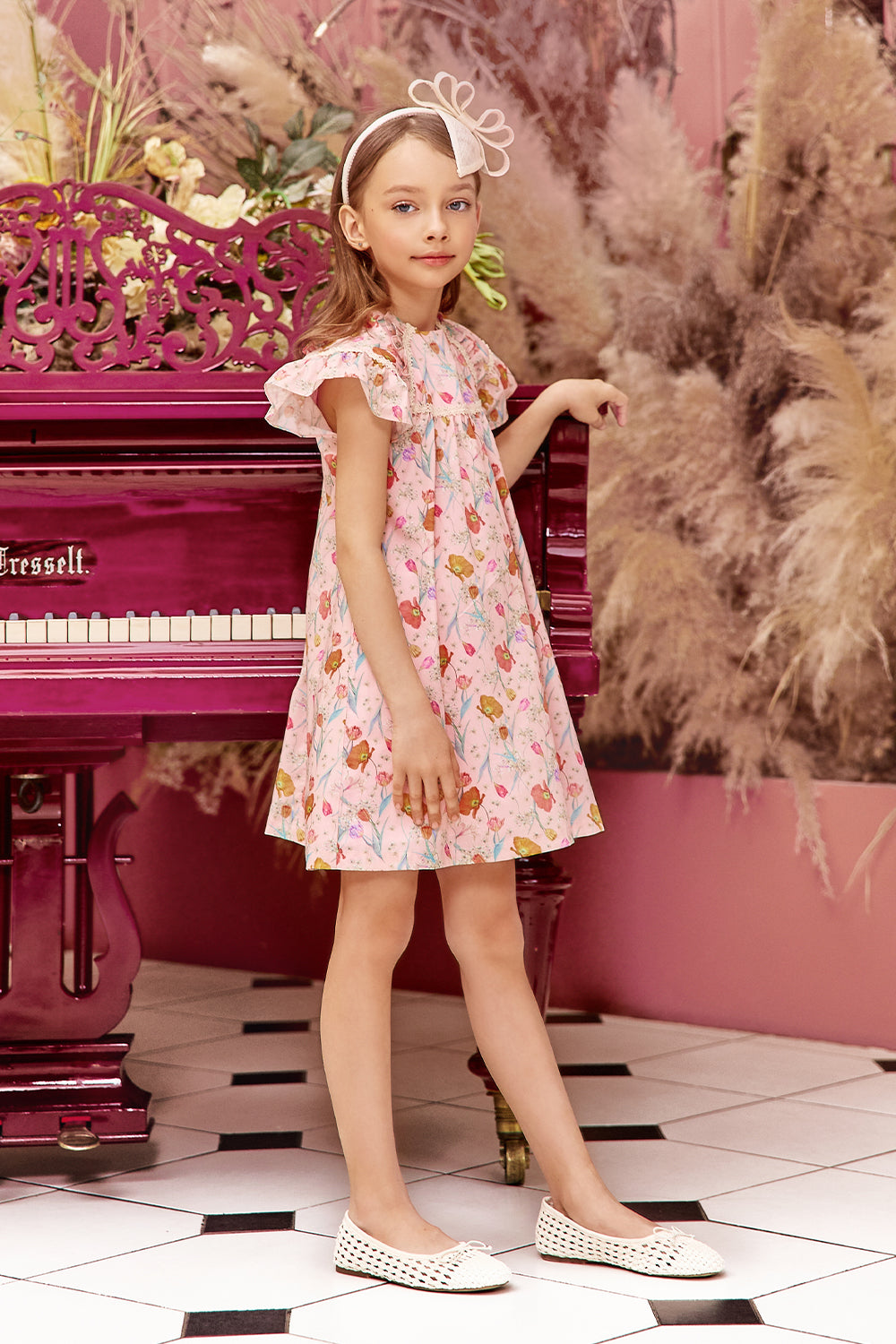 Light pink cotton botanical flowers Liberty print dress with frilled sleeves