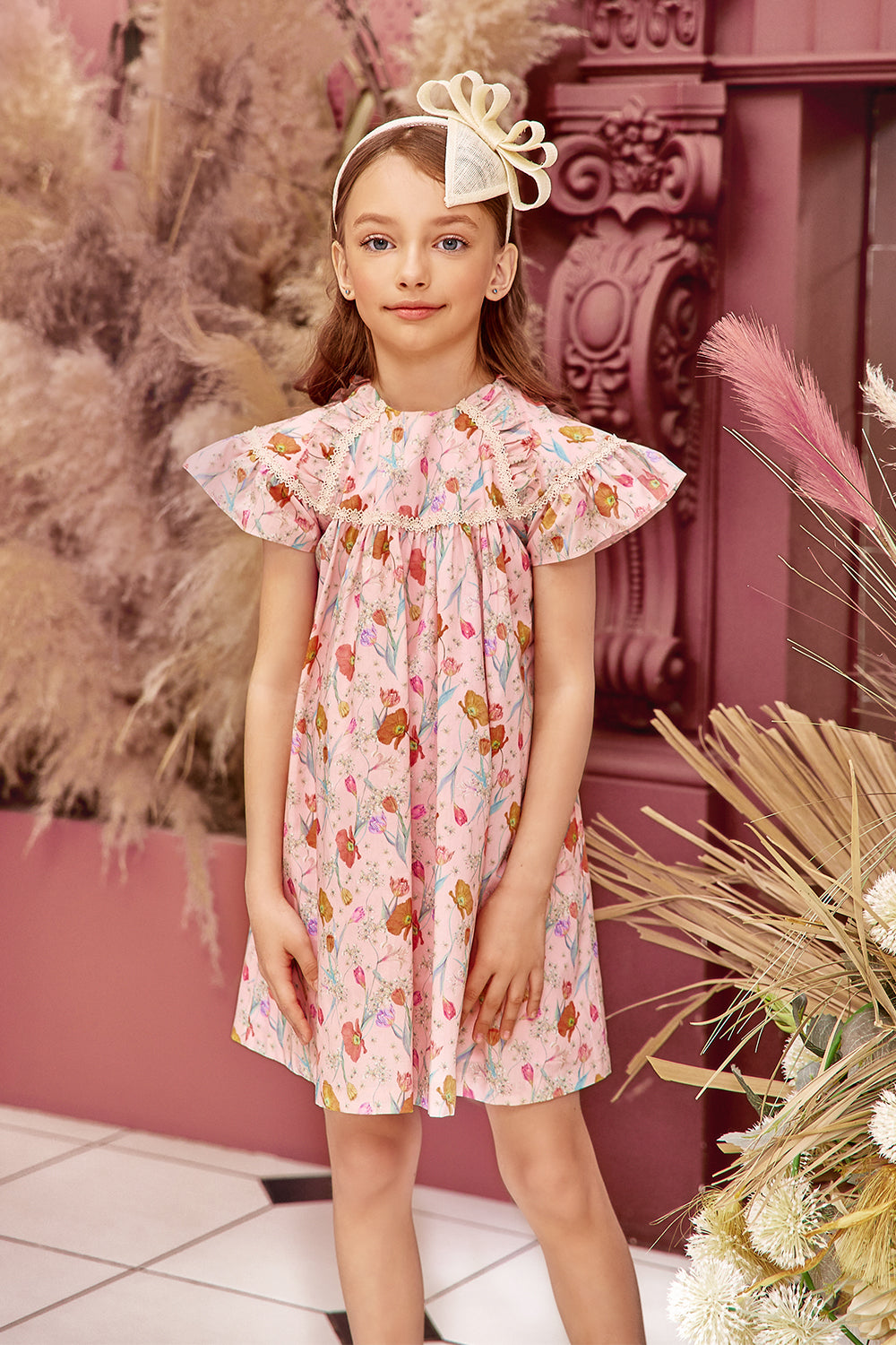 Light pink cotton botanical flowers Liberty print dress with frilled sleeves