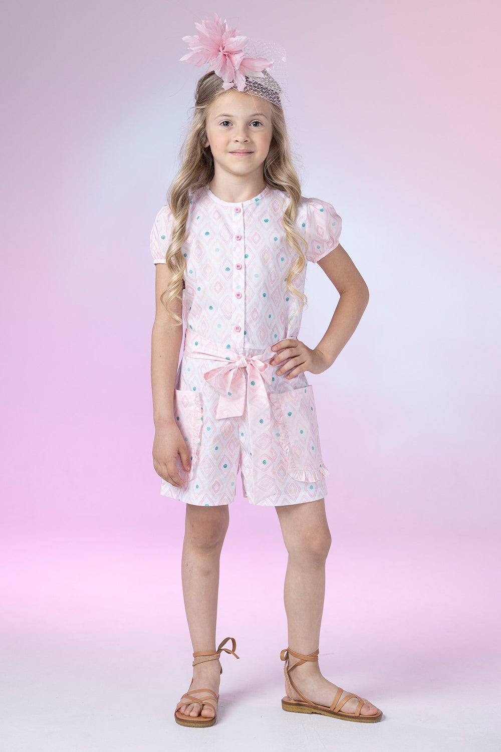 Light pink geometric pattern satin cotton jumpsuit