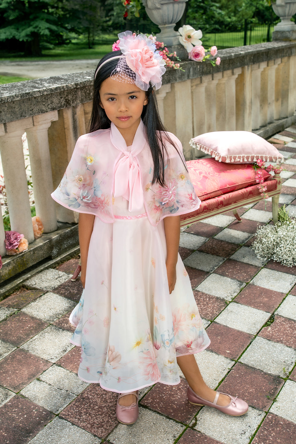 CAPE - light pink organza cape with floral print, sequin hand-embellishments and chiffon pussy bow