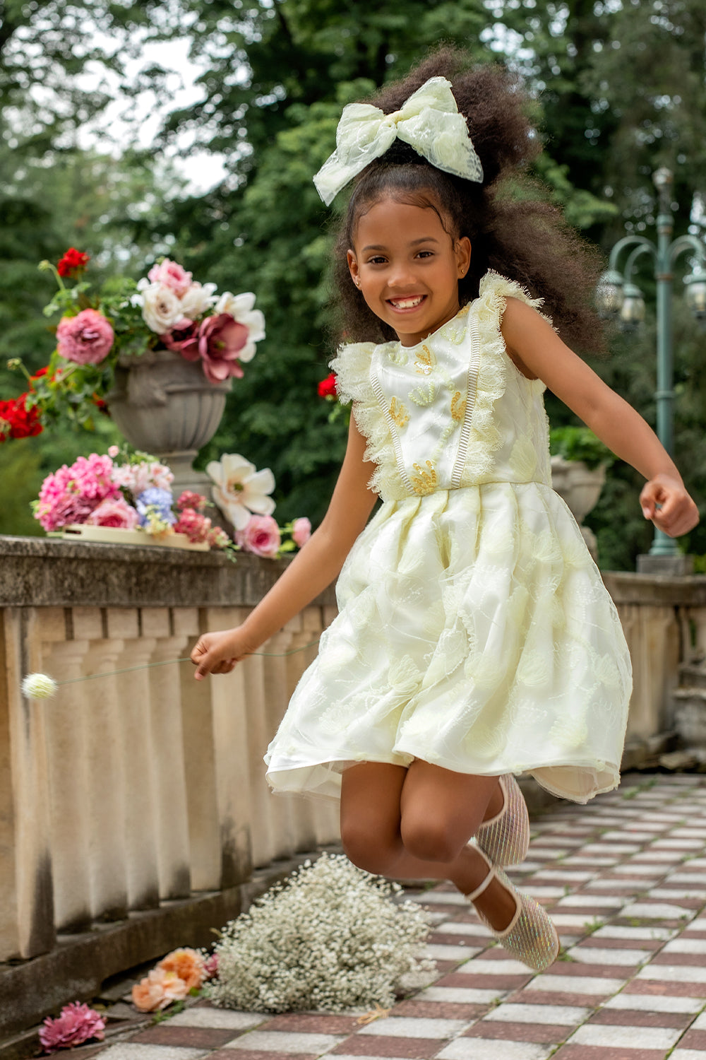Light yellow floral lace dress with sequin hand-embellishments