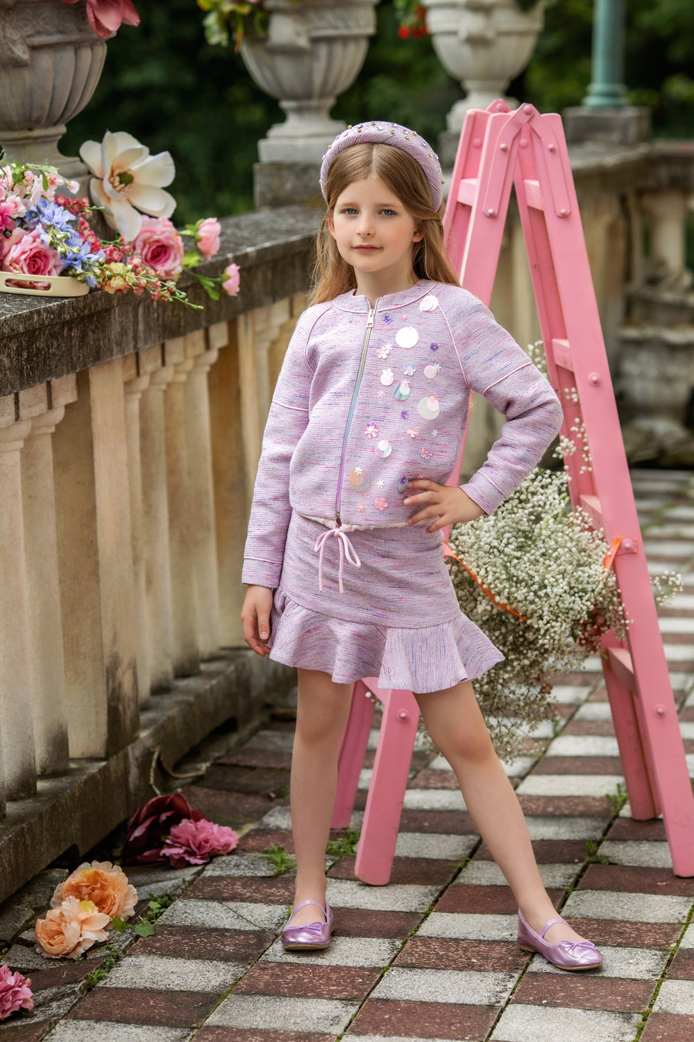 Lilac Coco summer tweed bomber jacket with sequin hand-embellishments