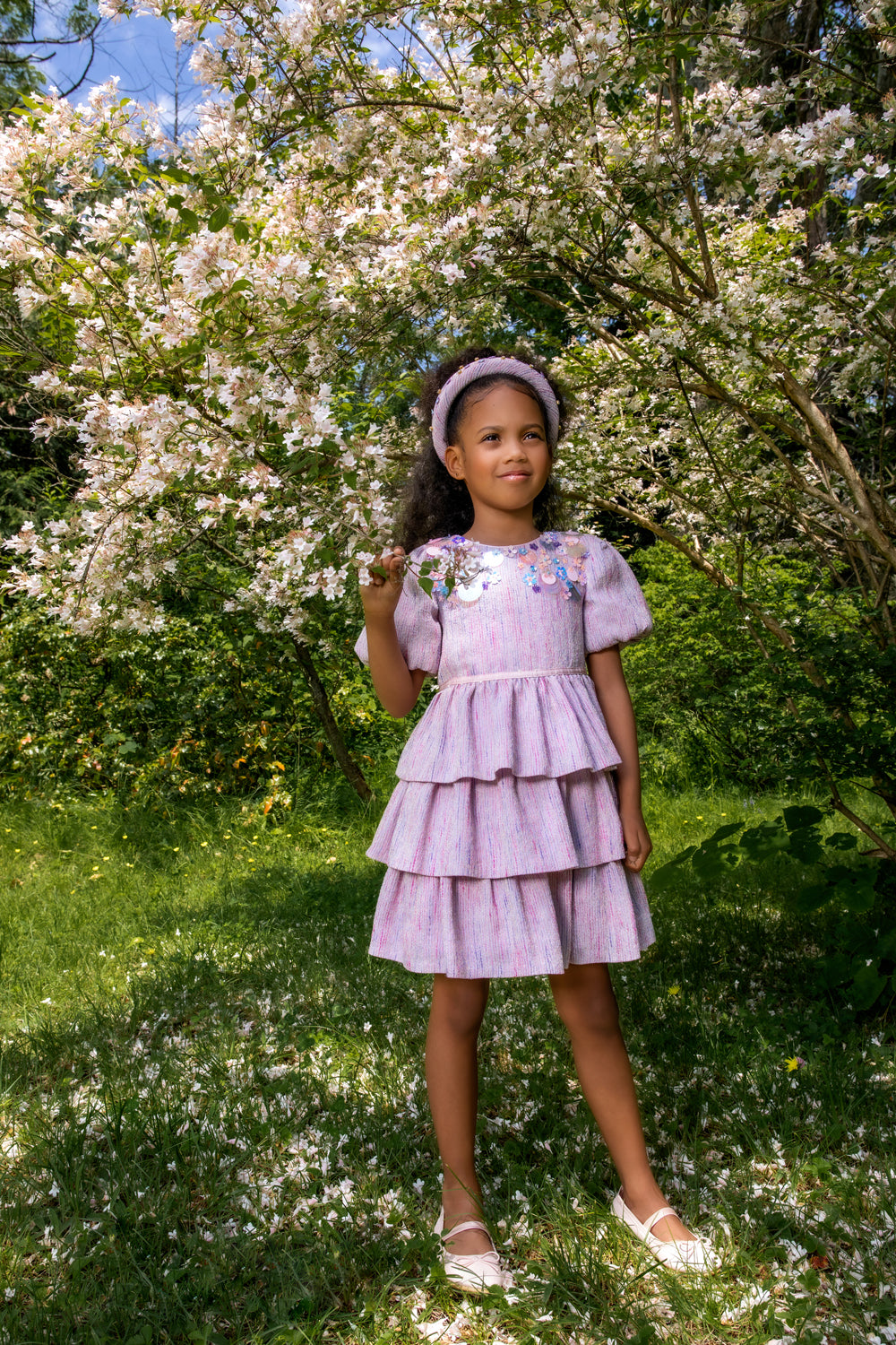 Lilac Coco summer tweed layered dress with sequin hand-embellishments