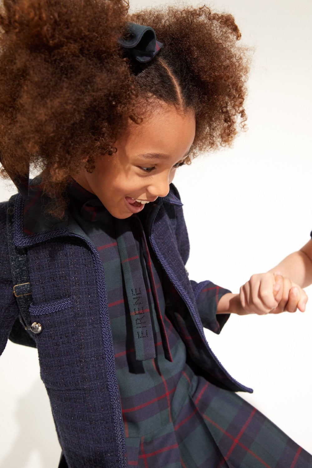 Blue woven tweed blazer with plaid lapels for designer kids clothes.