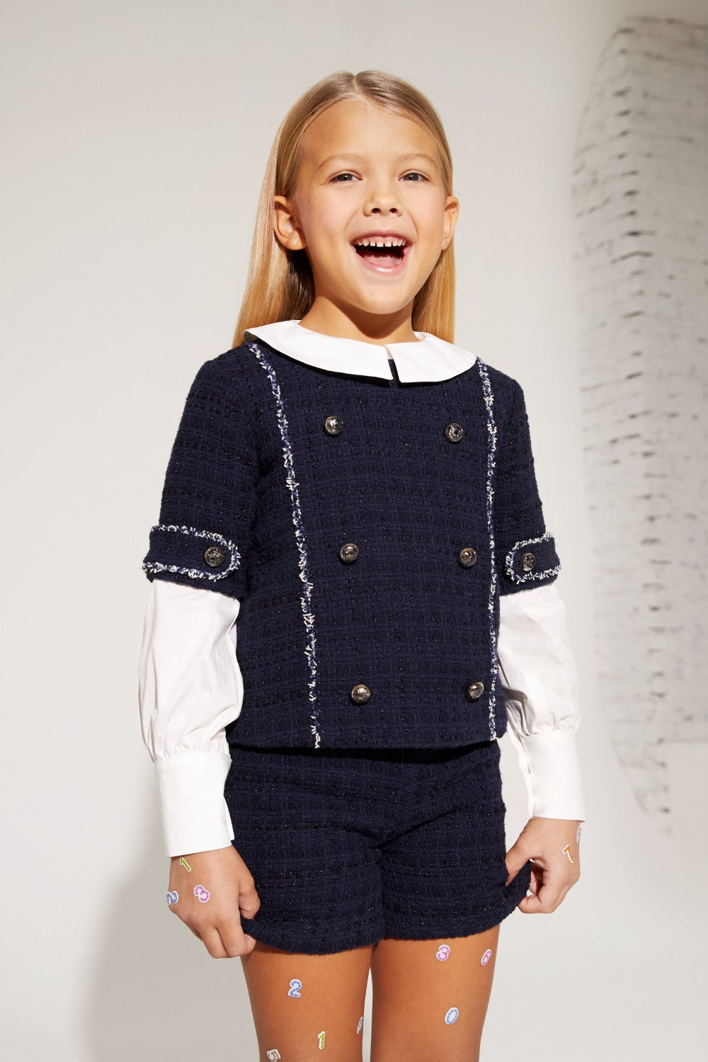 Blue tweed top with buttons