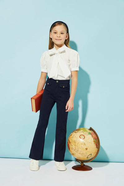 Embroidred cotton shirt with pussy bow