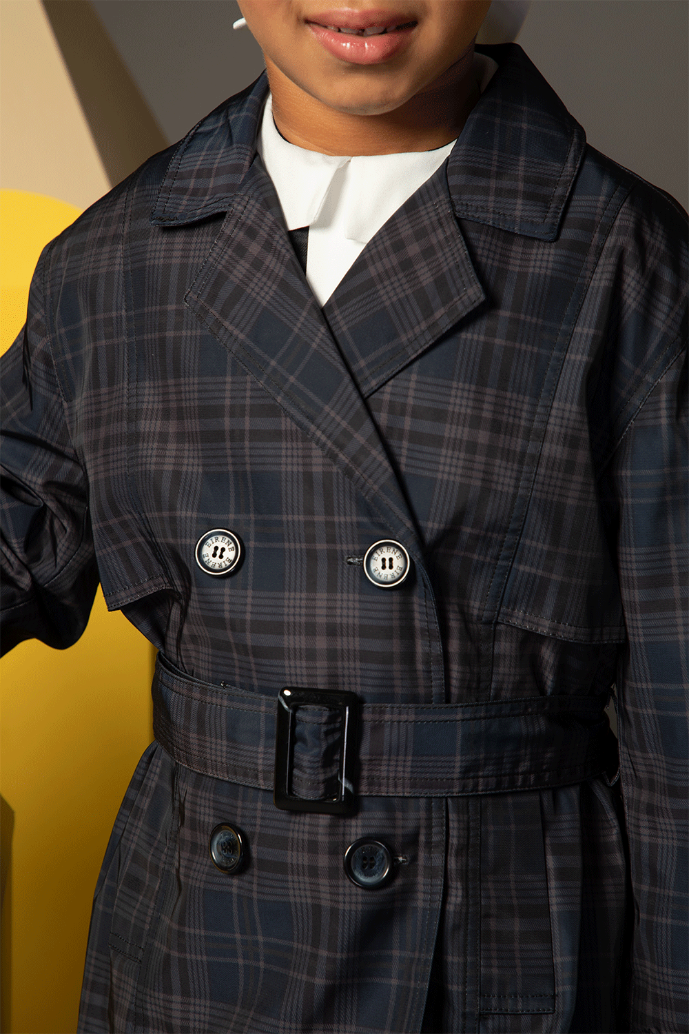 Checked double-breasted belted trench coat
