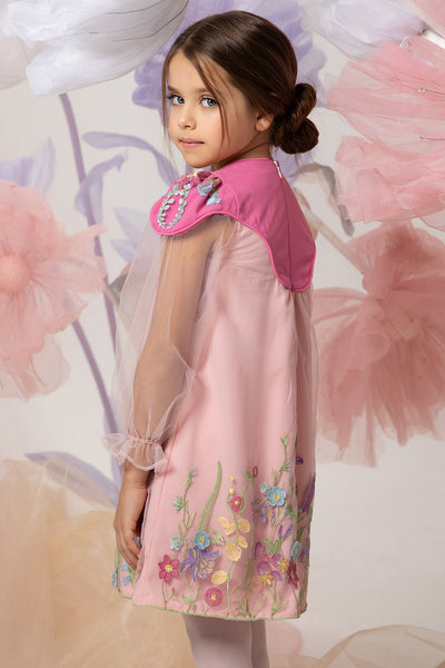 Pink A-line dress with floral embroidery