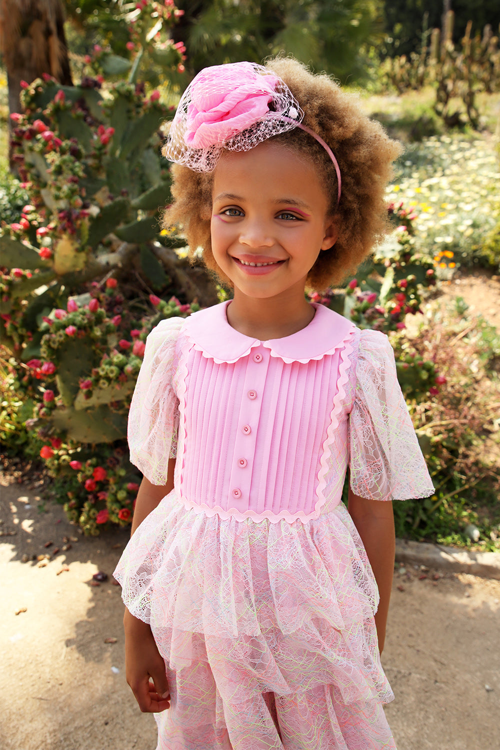 Pink and green/yellow neon fine lace layered dress with pink cotton front detail and collar