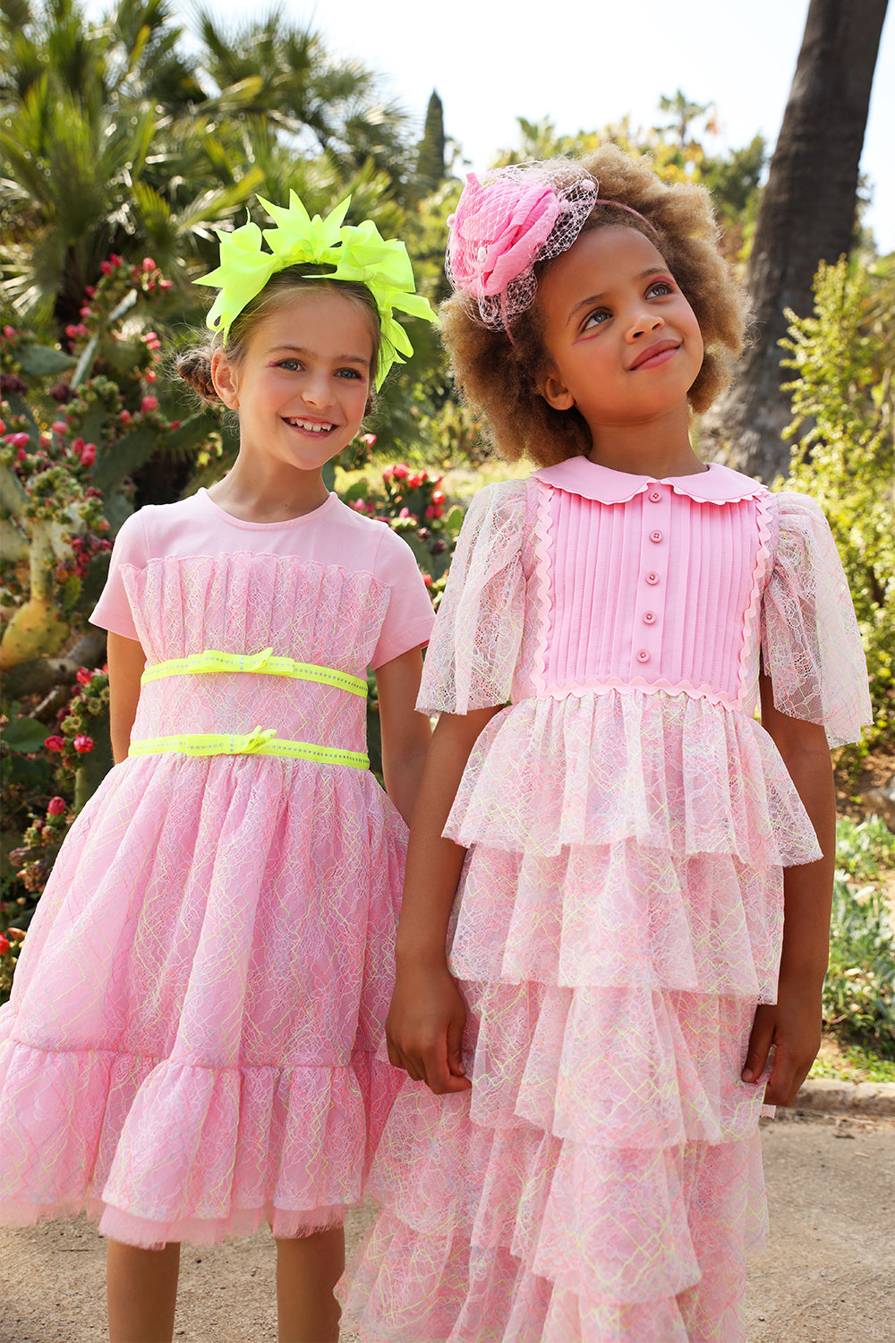 Pink and green/yellow neon fine lace layered dress with pink cotton front detail and collar
