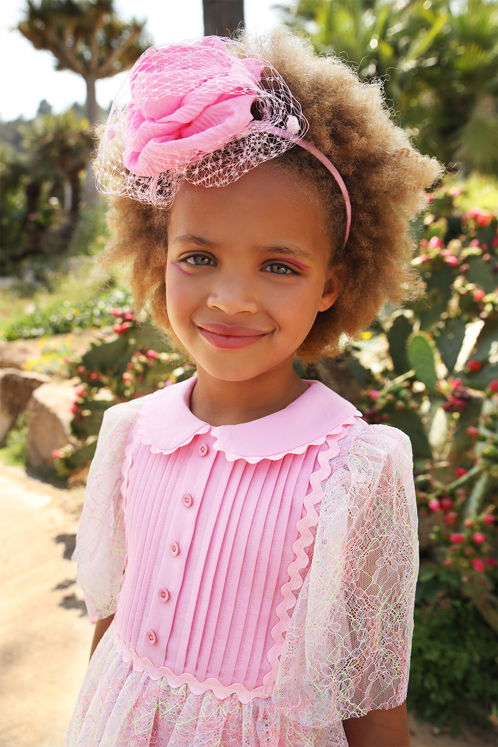 Pink and green/yellow neon fine lace layered dress with pink cotton front detail and collar