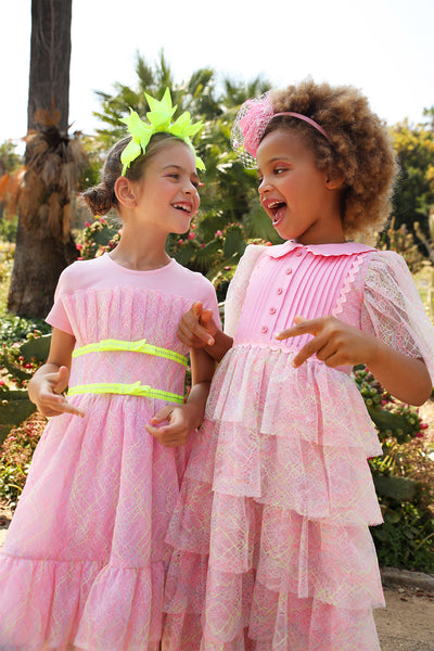 Pink and green/yellow neon fine lace layered dress with pink cotton front detail and collar