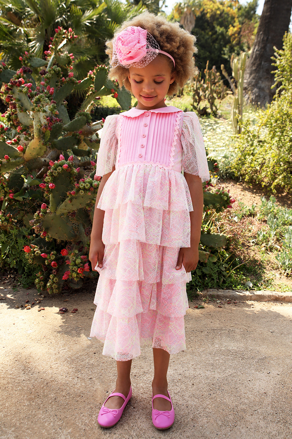 Pink and green/yellow neon fine lace layered dress with pink cotton front detail and collar