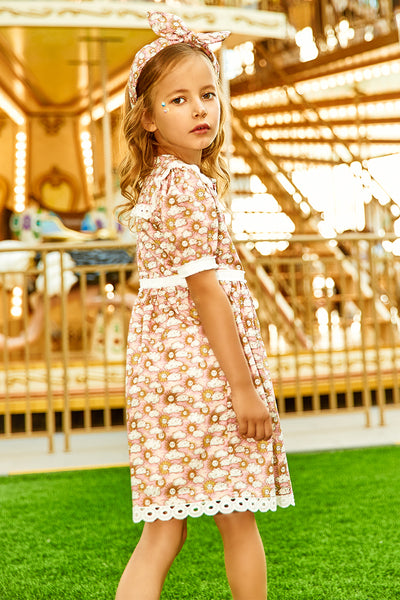 Pink and white Sun and Clouds cotton Liberty print dress with puffed sleeves