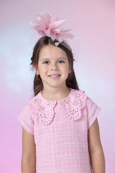 Pink cotton blend tweed dress with collar and sleeves hand-embellished with crystals