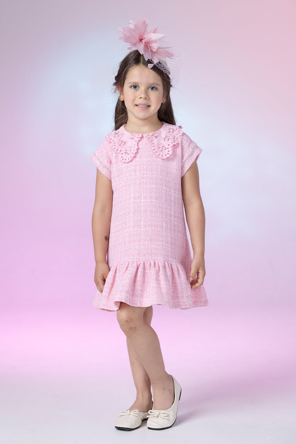 Pink cotton blend tweed dress with collar and sleeves hand-embellished with crystals