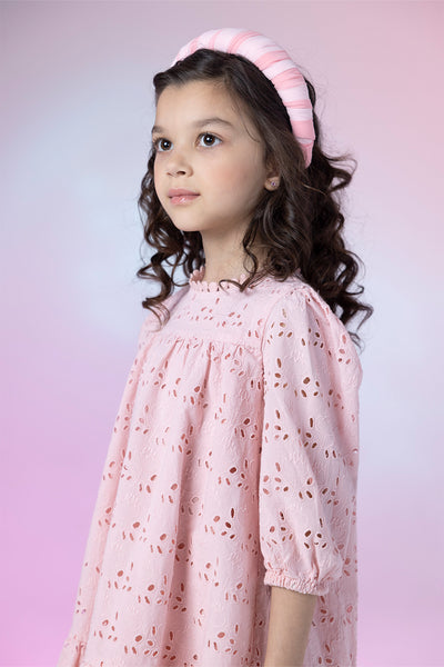 Pink embroidered cotton/broderie anglaise flare dress