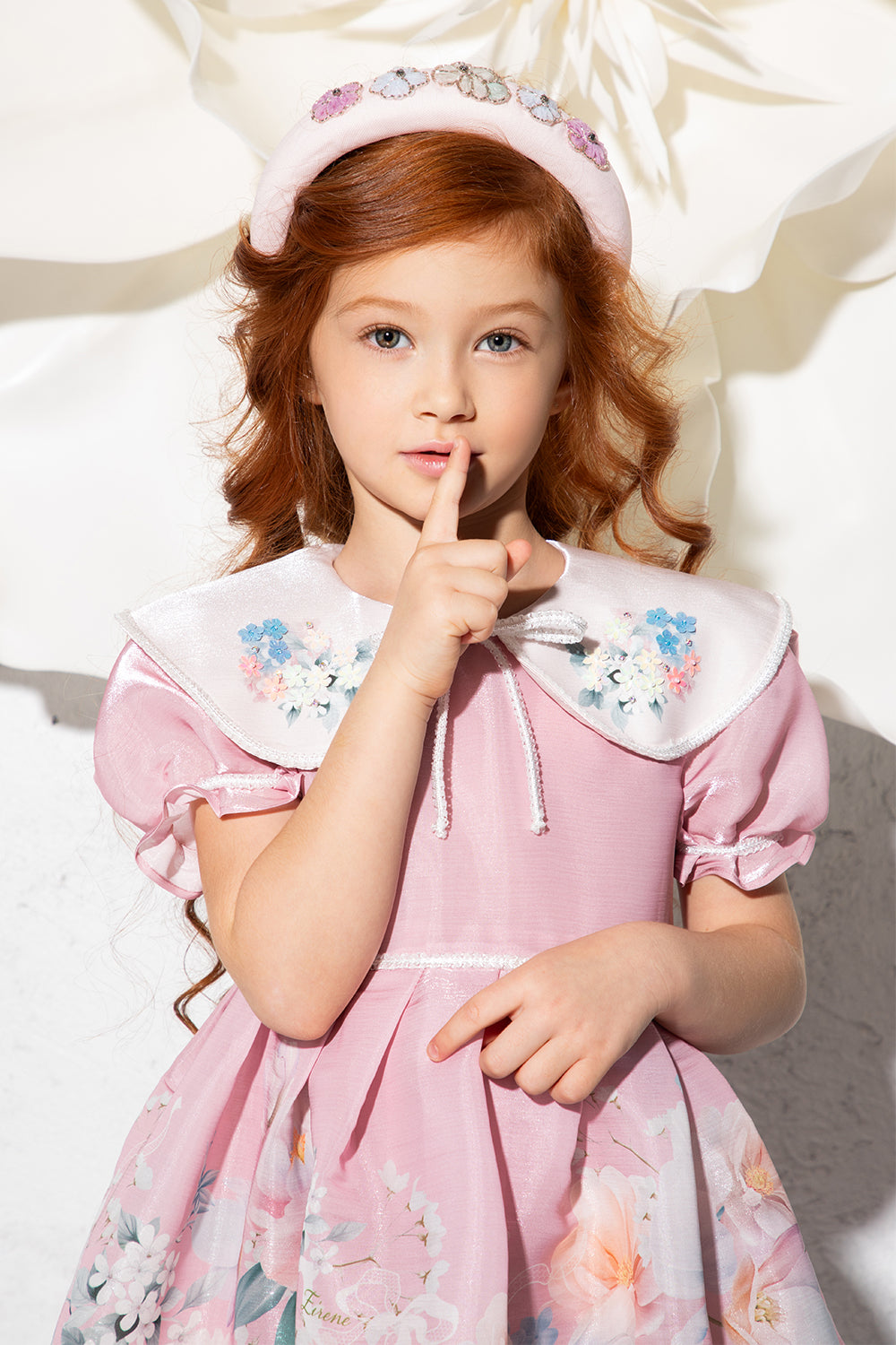 Pink ombré floral printed dress with hand-embellished collar
