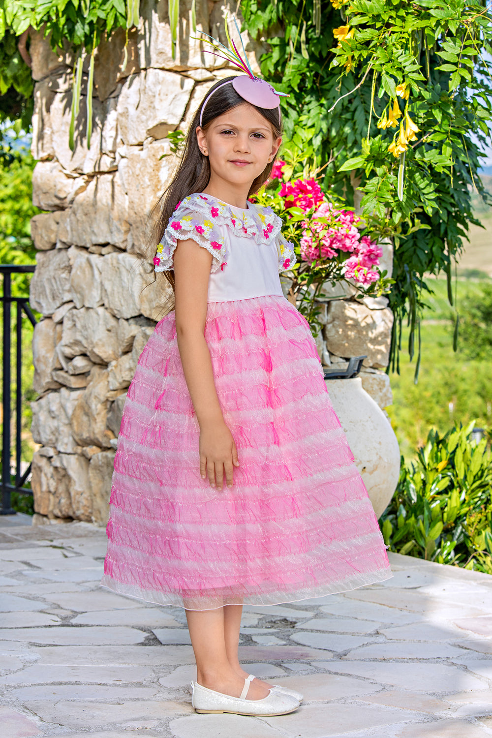 Pink organza dress with hand-made flowers on collar and sleeves