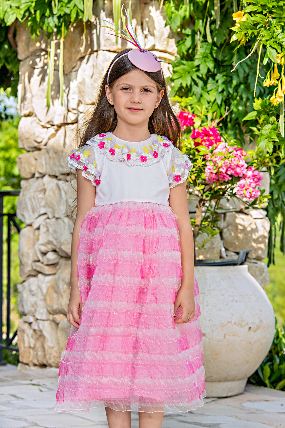 Pink organza dress with hand-made flowers on collar and sleeves