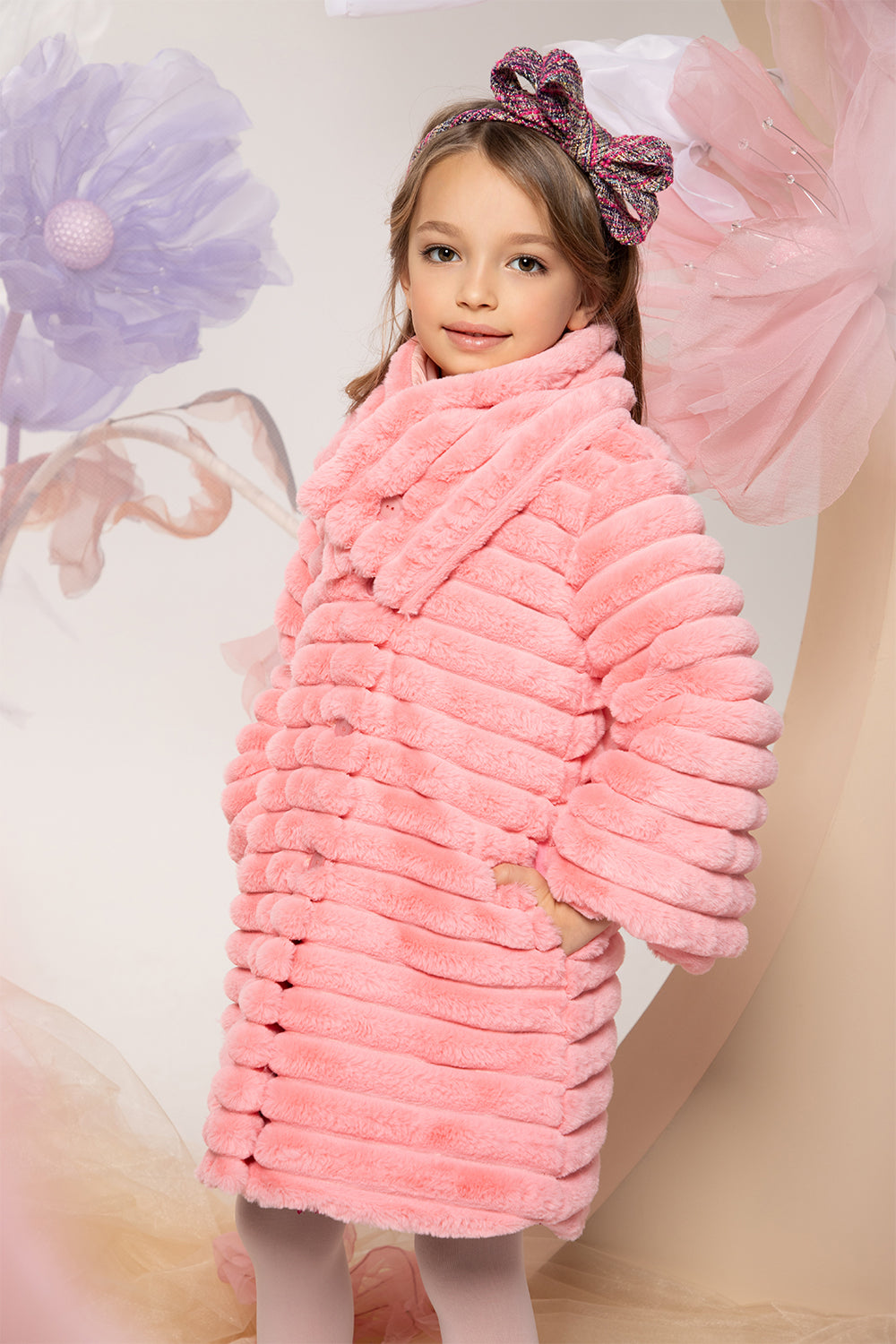 Pink striped padded fur coat with removable collar