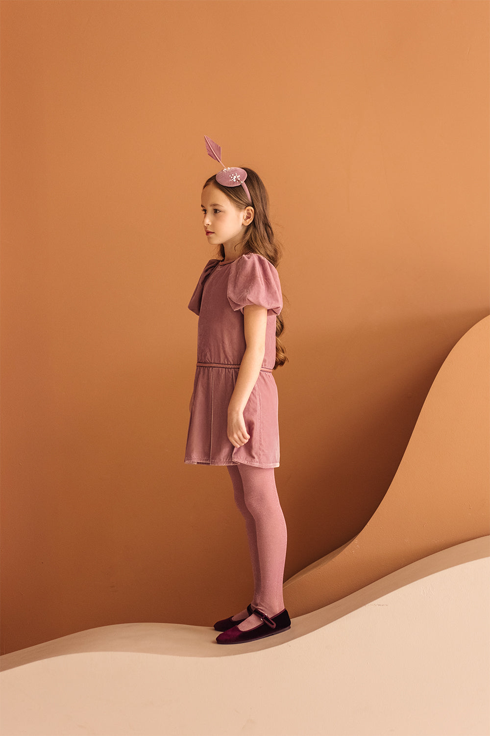 Powder pink velvet dress with matching details