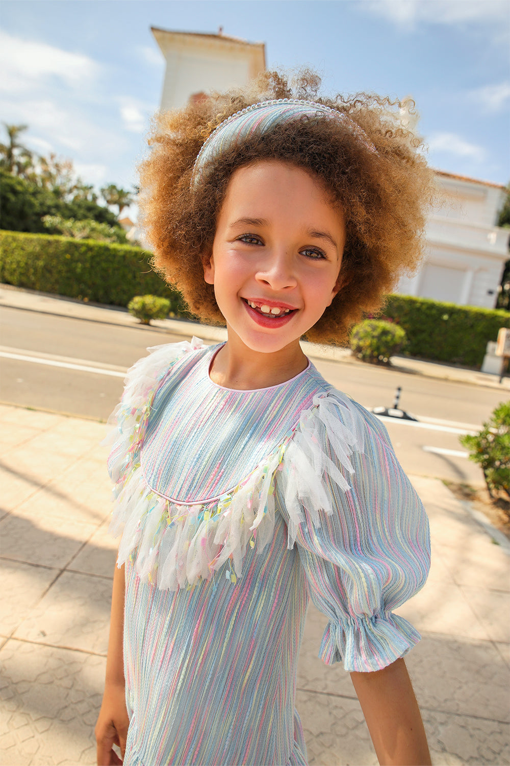 Pastel colors light tweed organza dress with tulle fringes