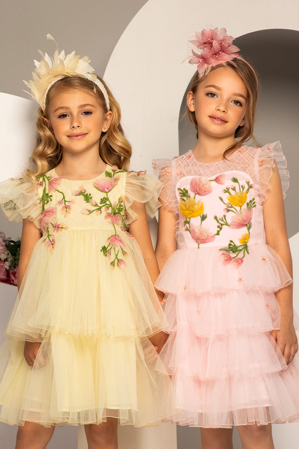 Pale yellow layered high-waist dress with hand-embroidred flowers