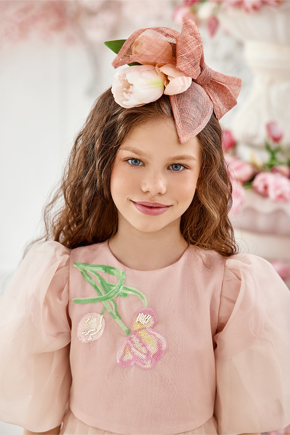 Powder pink organza dress with sequin tulip embroidery and puffed sleeves