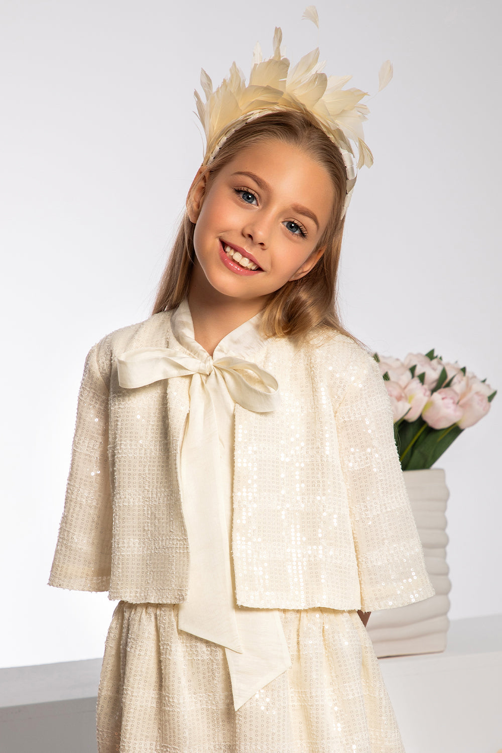 Ivory sequin cape with pussy bow
