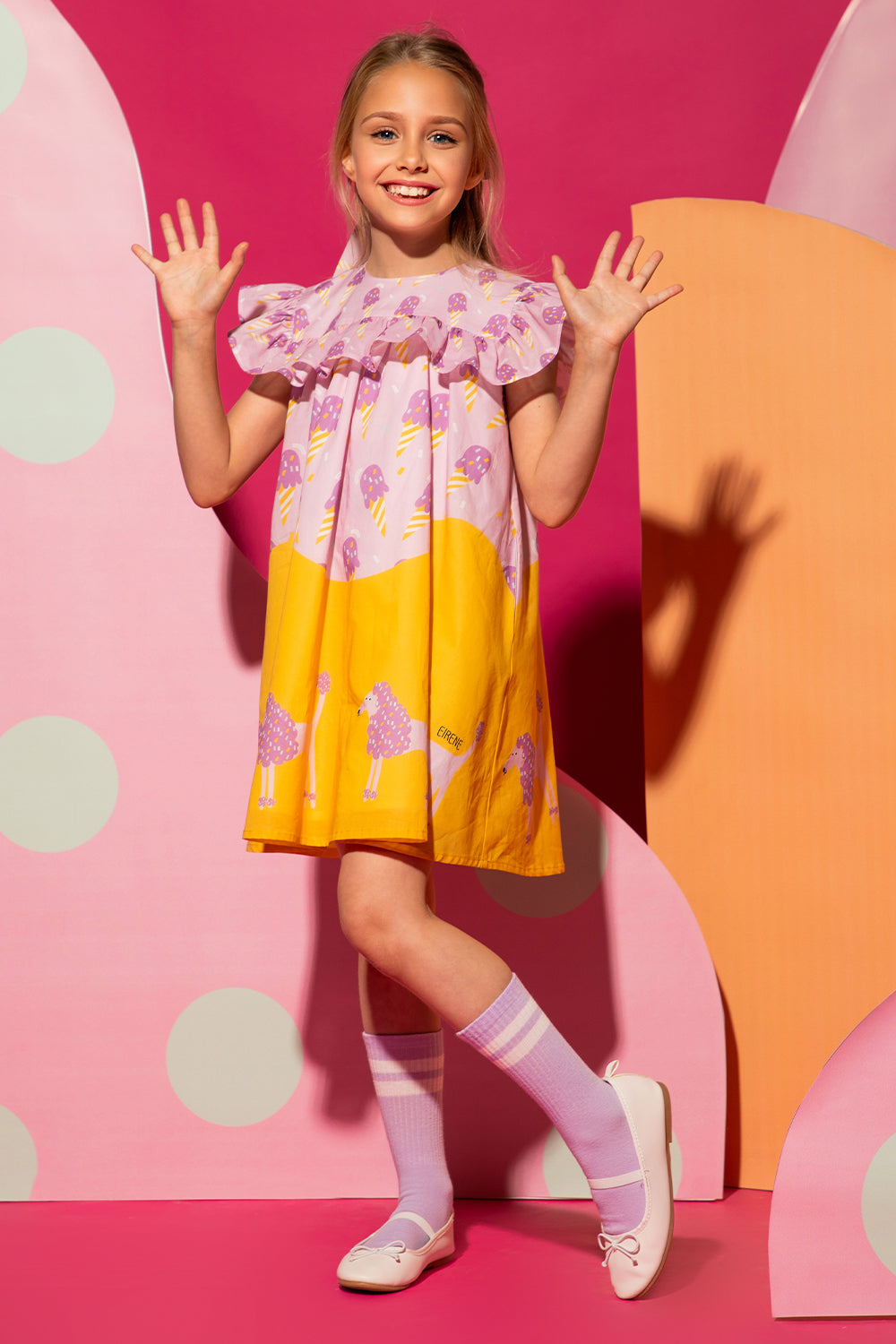 Pink and orange satin cotton dress with poodle print