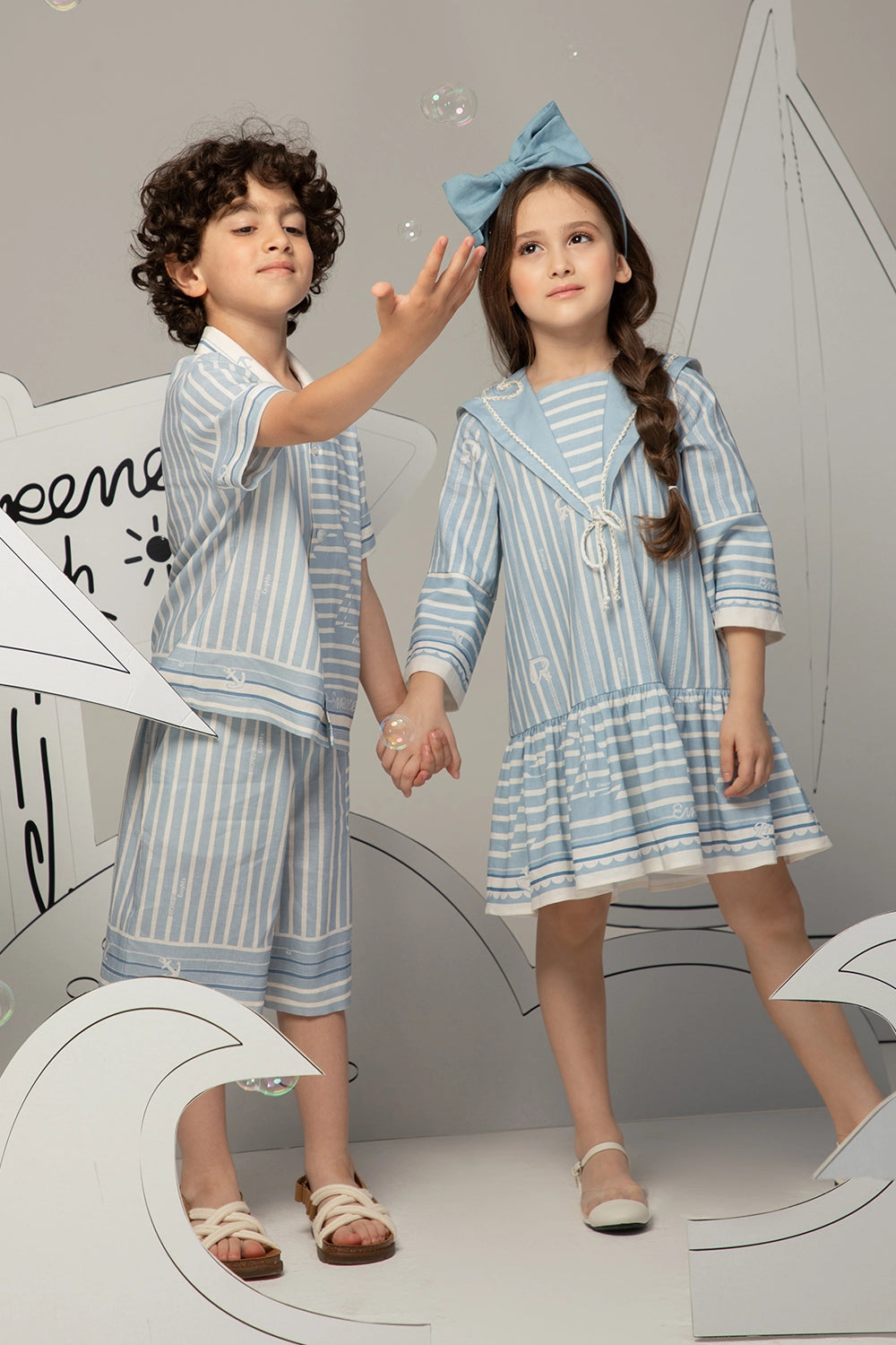 Light blue linen dress with sailor collar, striped pattern