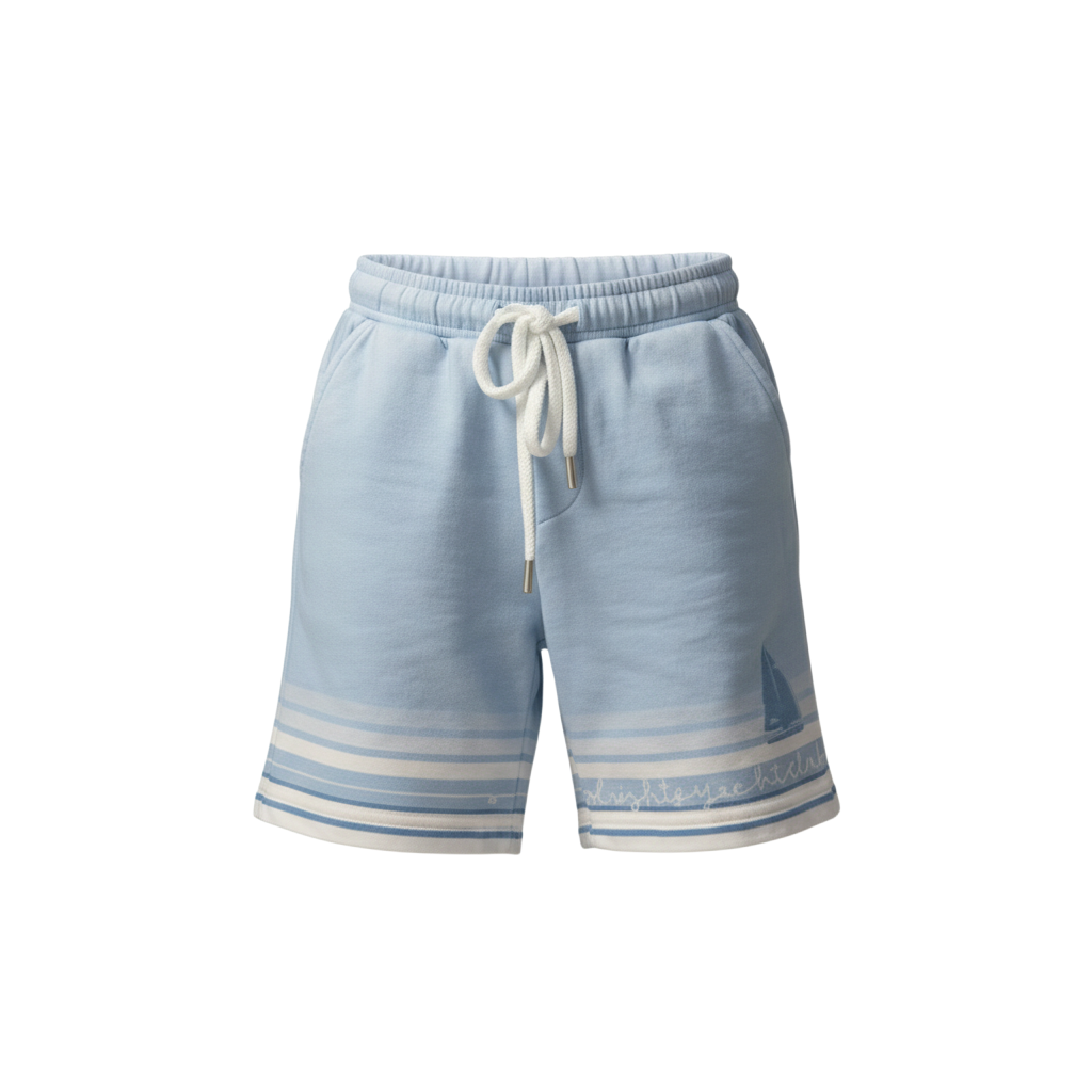 Light blue drawstring shorts with striped print