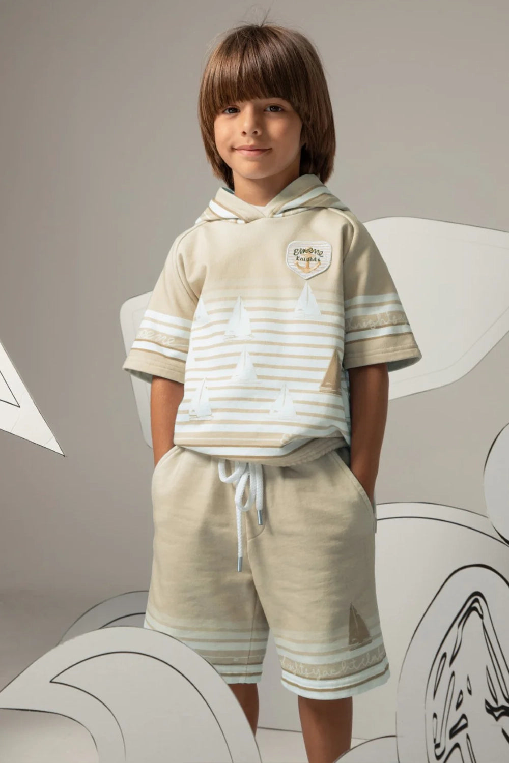 Beige cotton drawstring shorts with striped print