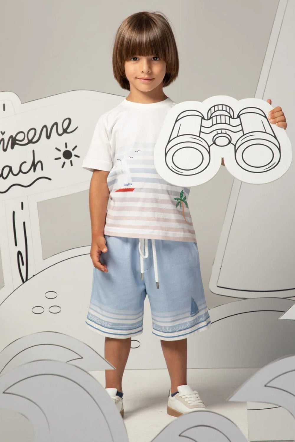 Light blue drawstring shorts with striped print