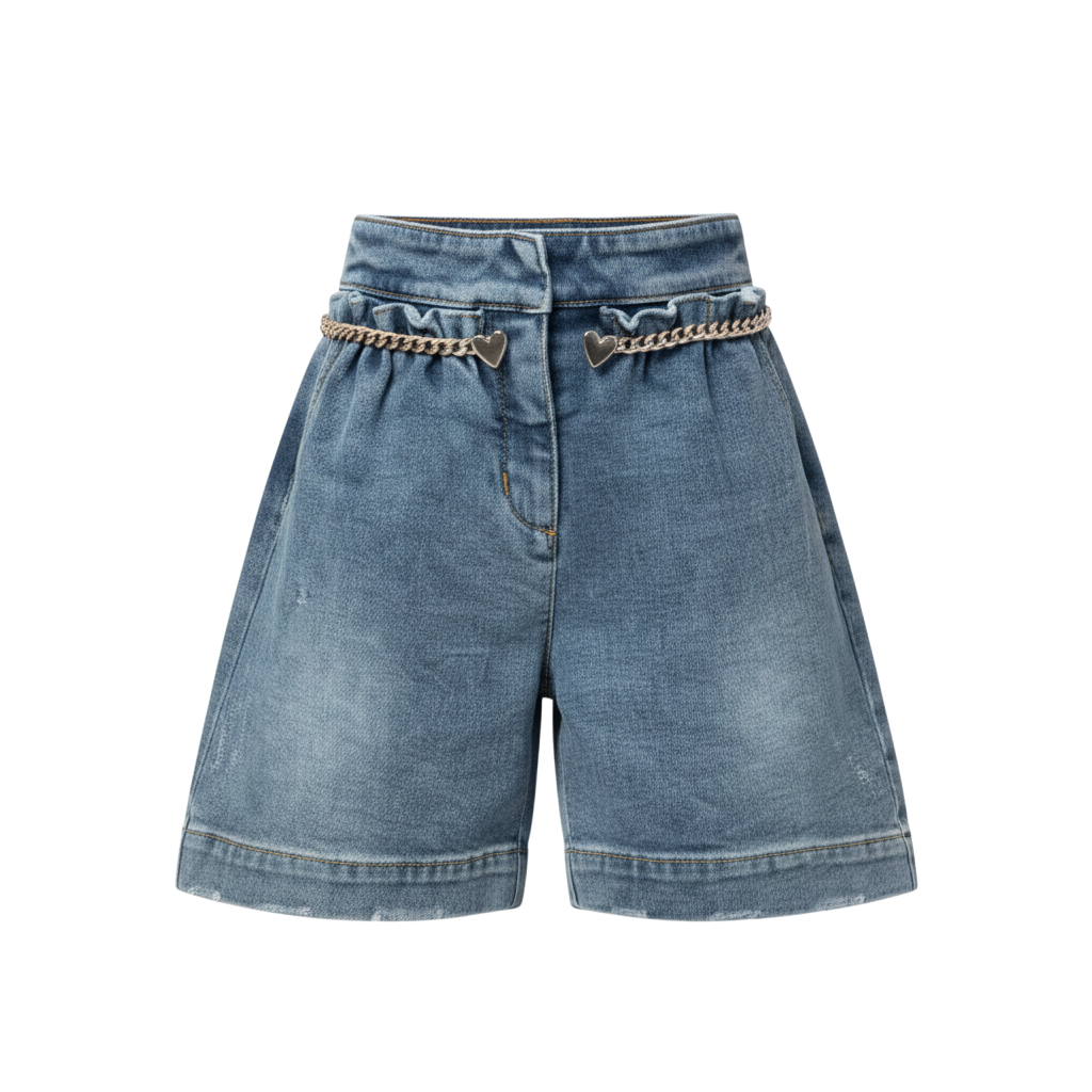 High-waisted denim shorts with a ruffled waistband, heart charm chain, and a relaxed, wide-leg fit