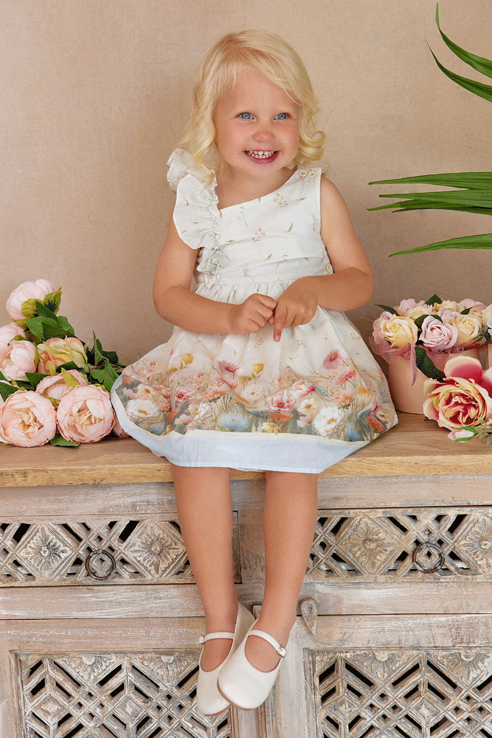 One-shoulder satin cotton dress with ruffle trim and floral print