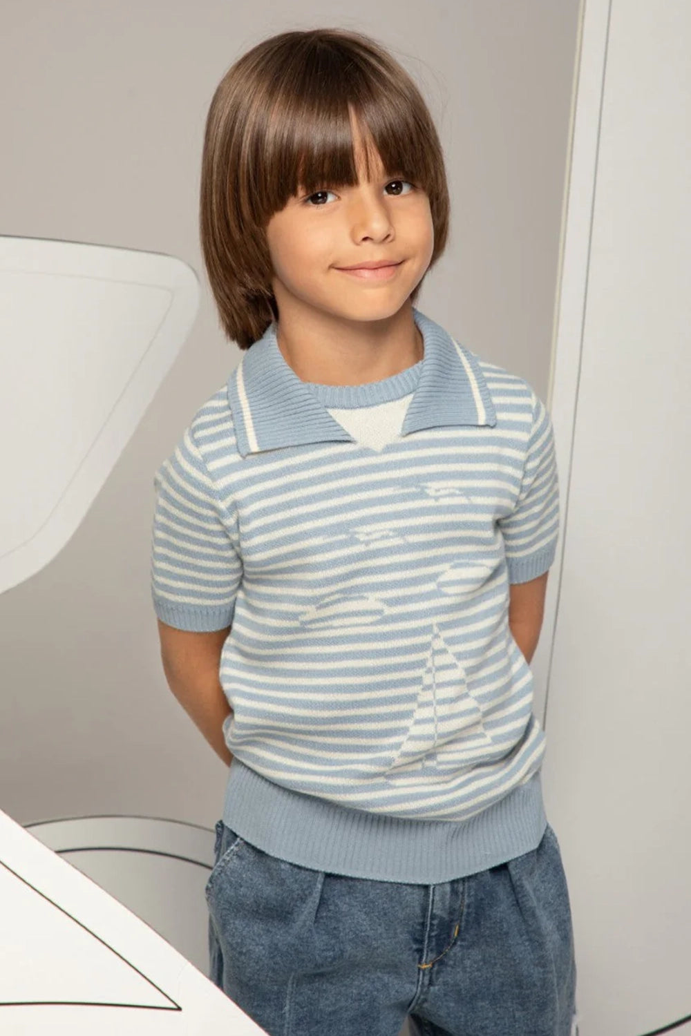 Light blue and white striped knit shirt with a sailor collar and short sleeves
