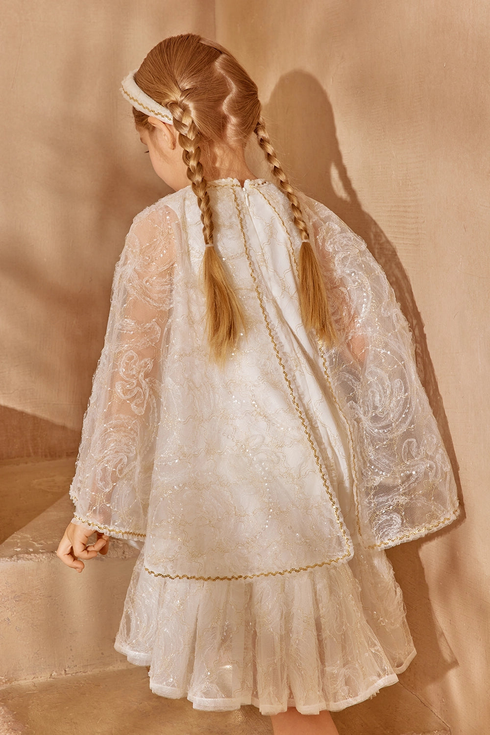 Ivory and gold lace dress with flared sheer cape sleeves
