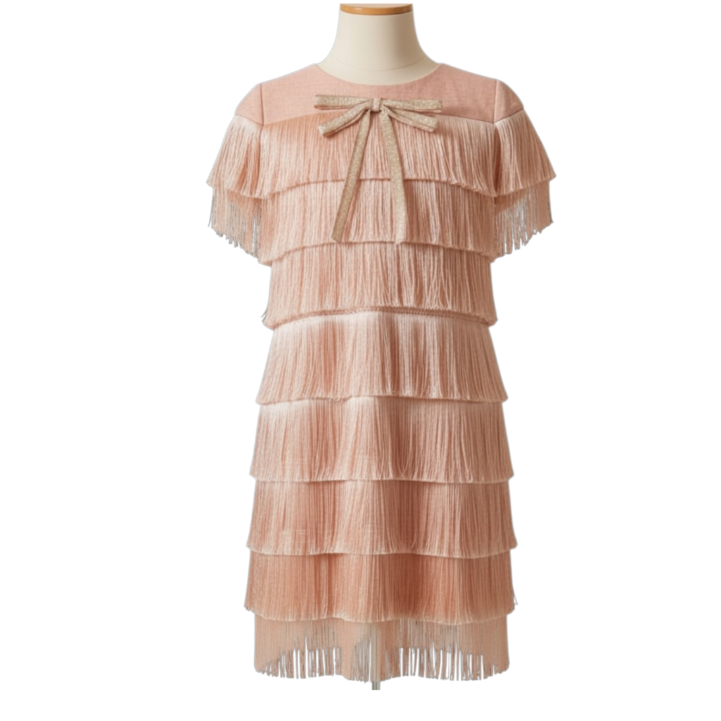 Shimmering tiered fringe dress with short sleeves and a gold bow detail
