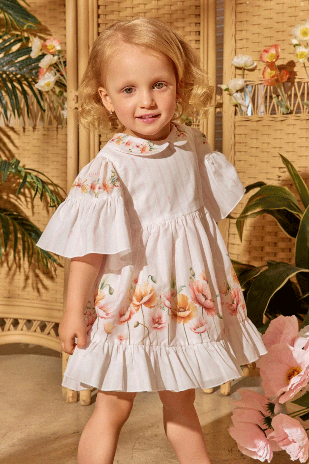 Soft pink striped dress with flutter sleeves, peter pan collar and floral print