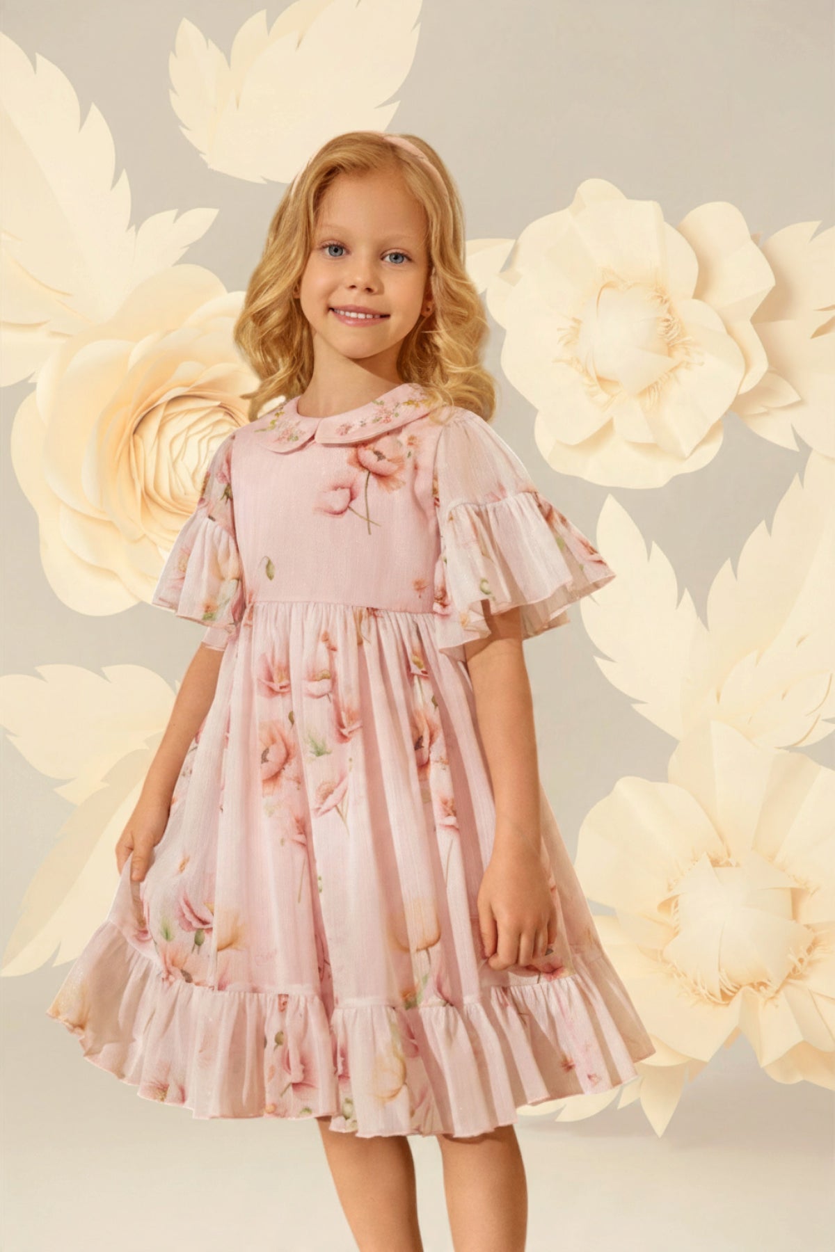 Light pink floral printed dress with an embellished collar