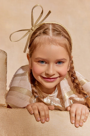 Gold metallic raffia headband with oversized bow