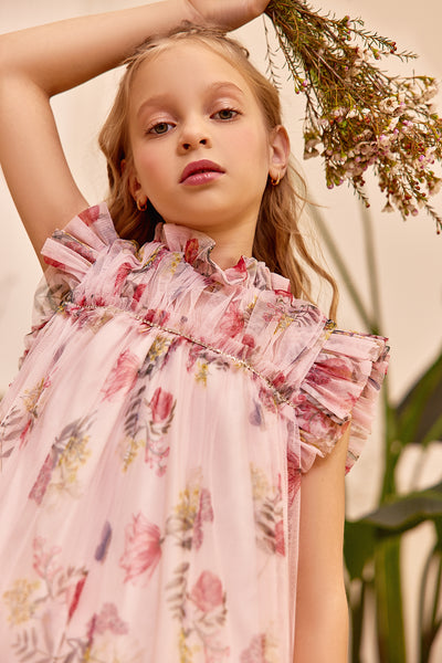 Pink dress with frilled floral pattern