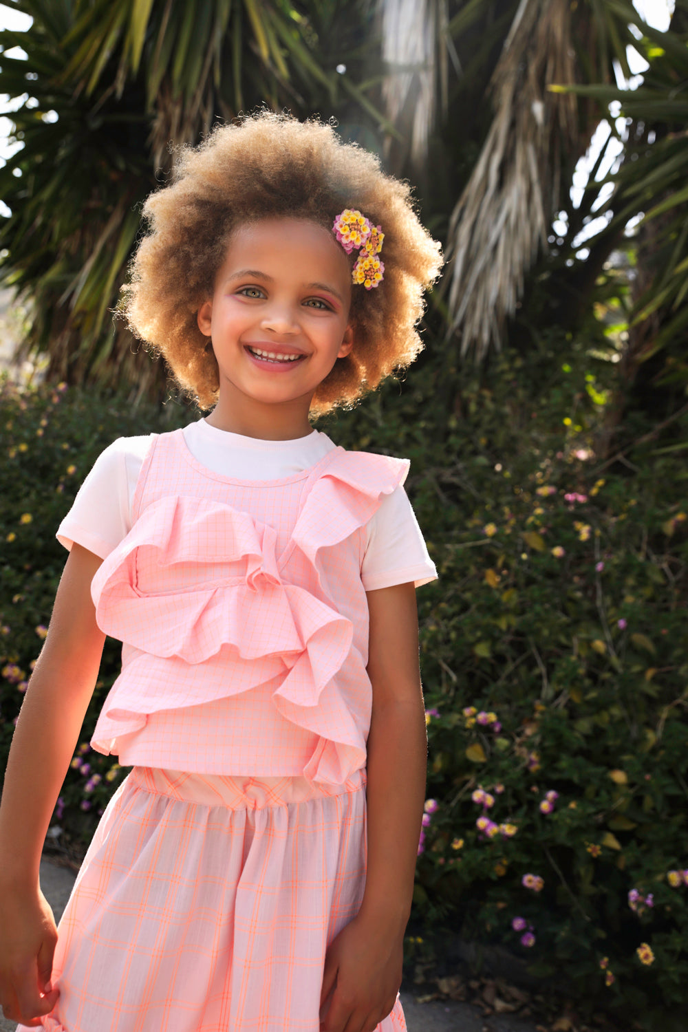 Orange and pink neon cotton skirt with frills