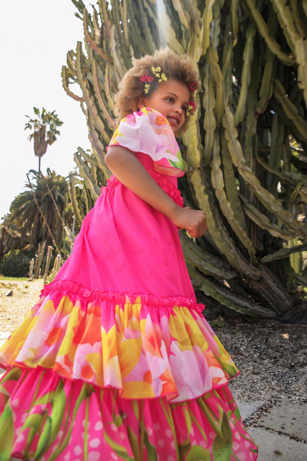 Shimmering chiffon fuchsia bright flowers printed dress with frills