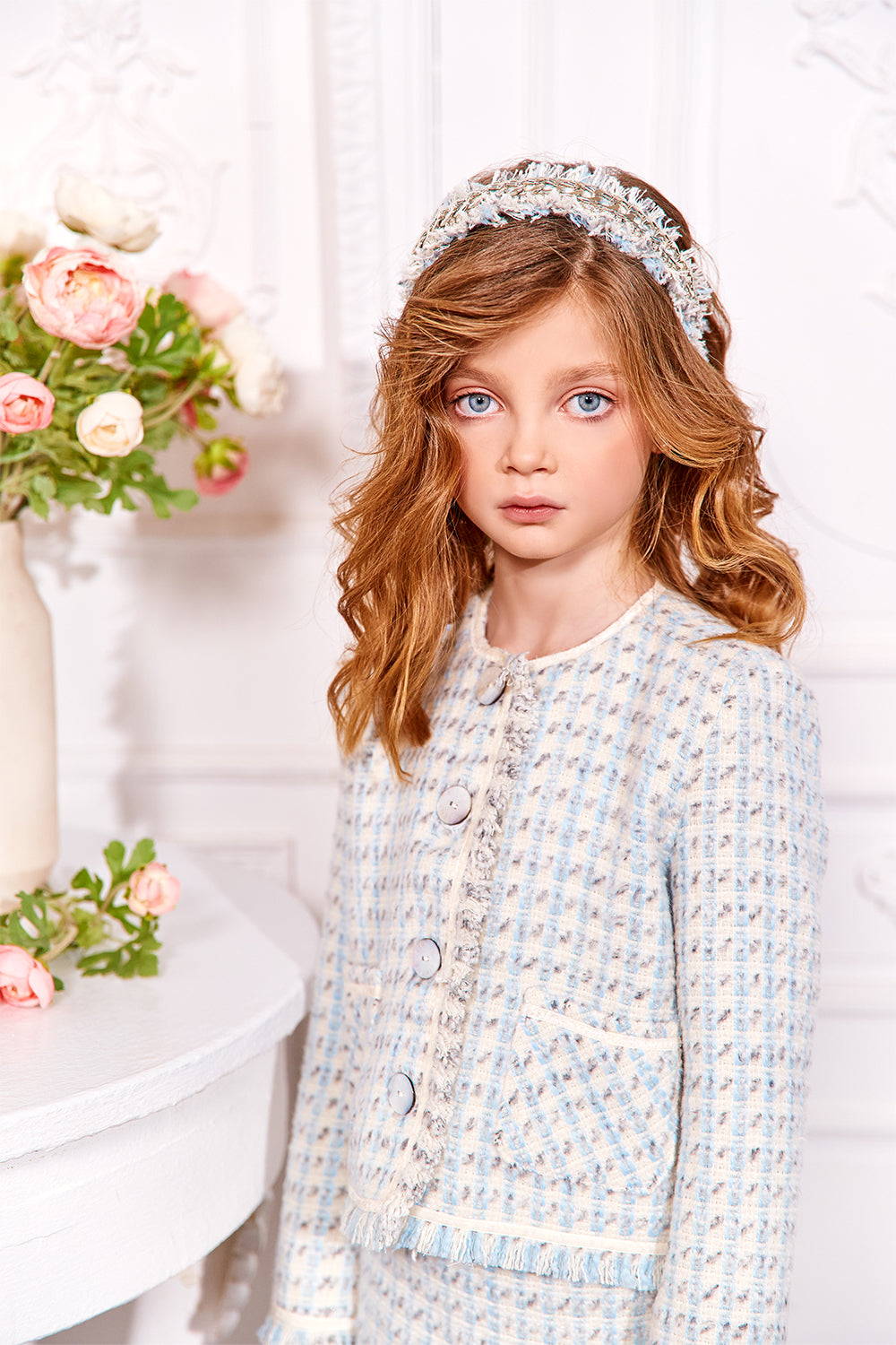 Tweed wool blend blazer and skirt set with mother of pearl branded buttons