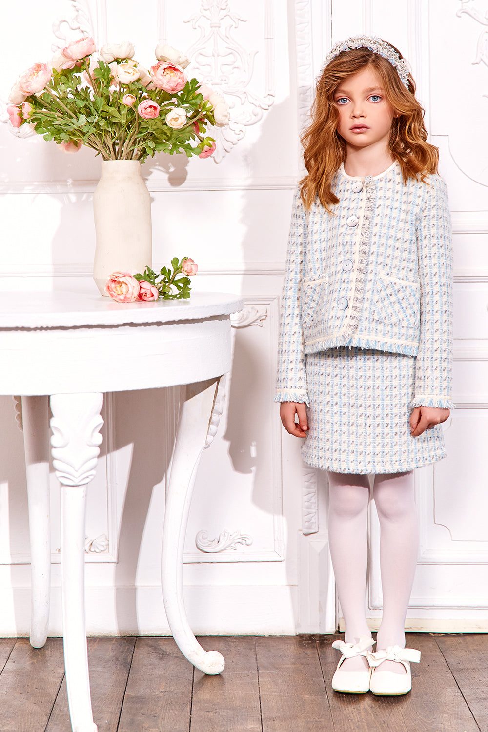 Tweed wool blend blazer and skirt set with mother of pearl branded buttons